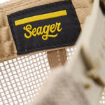 Close up of the Seager label inside the Tan and Green Wilson cap