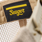 Close up of the Seager label inside the Tan and Green Wilson cap