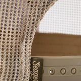 Close up of the mesh back and snapback closure on the Tan and Green Wilson cap