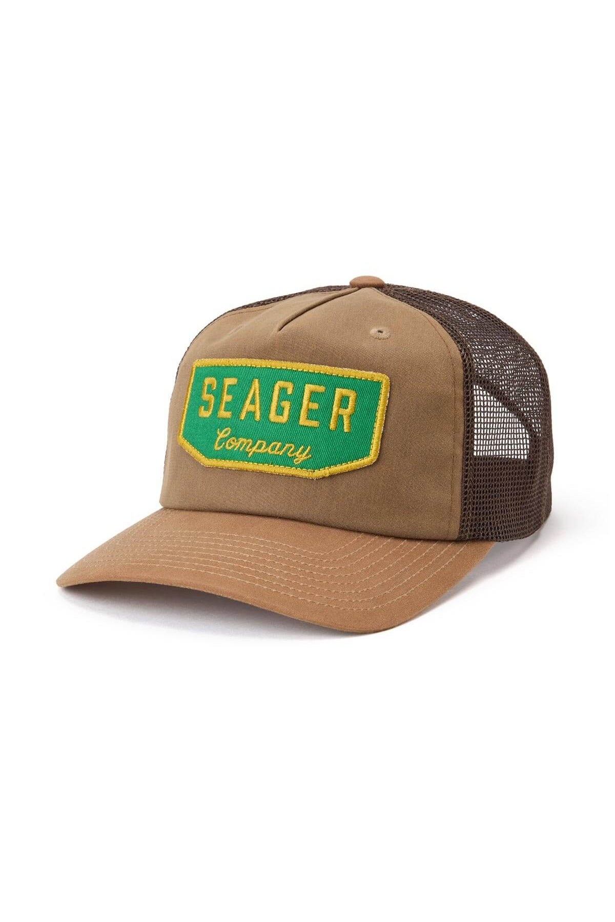 Seager Wilson Waxed Canvas Snapback in Tan, three quarter view