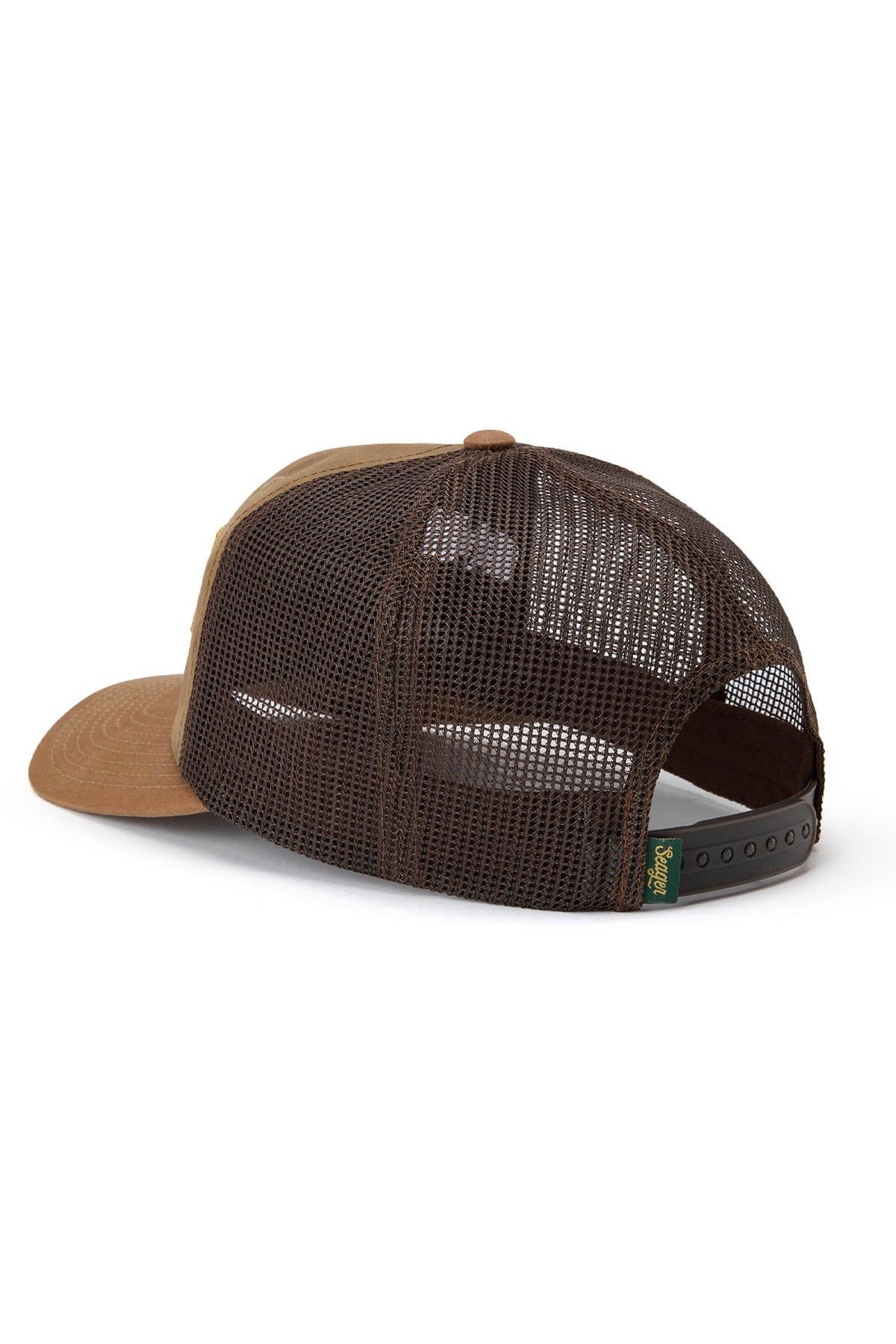 Seager Wilson Waxed Canvas Snapback in Tan, side and mesh back