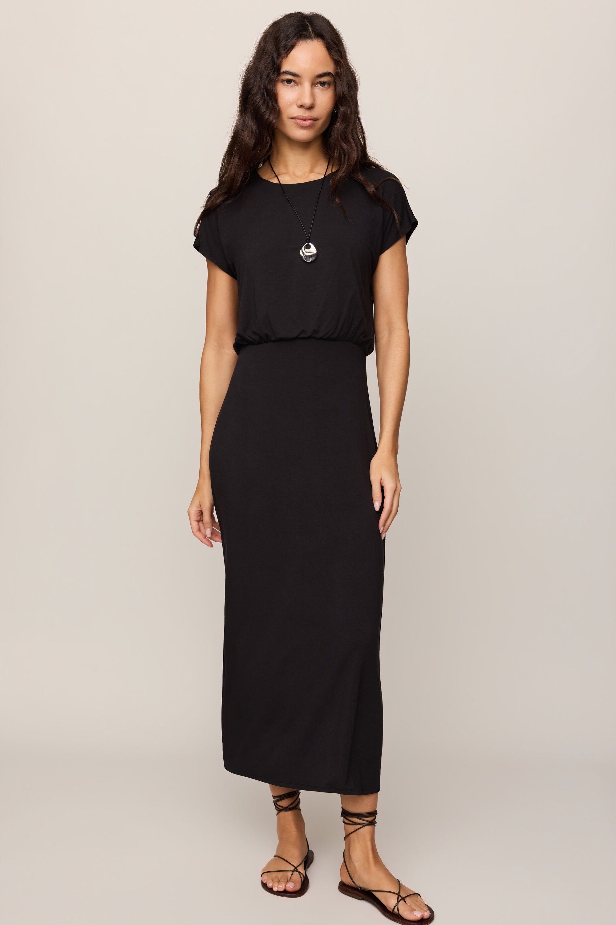 Anika Jersey Midi Dress in Black, front and back