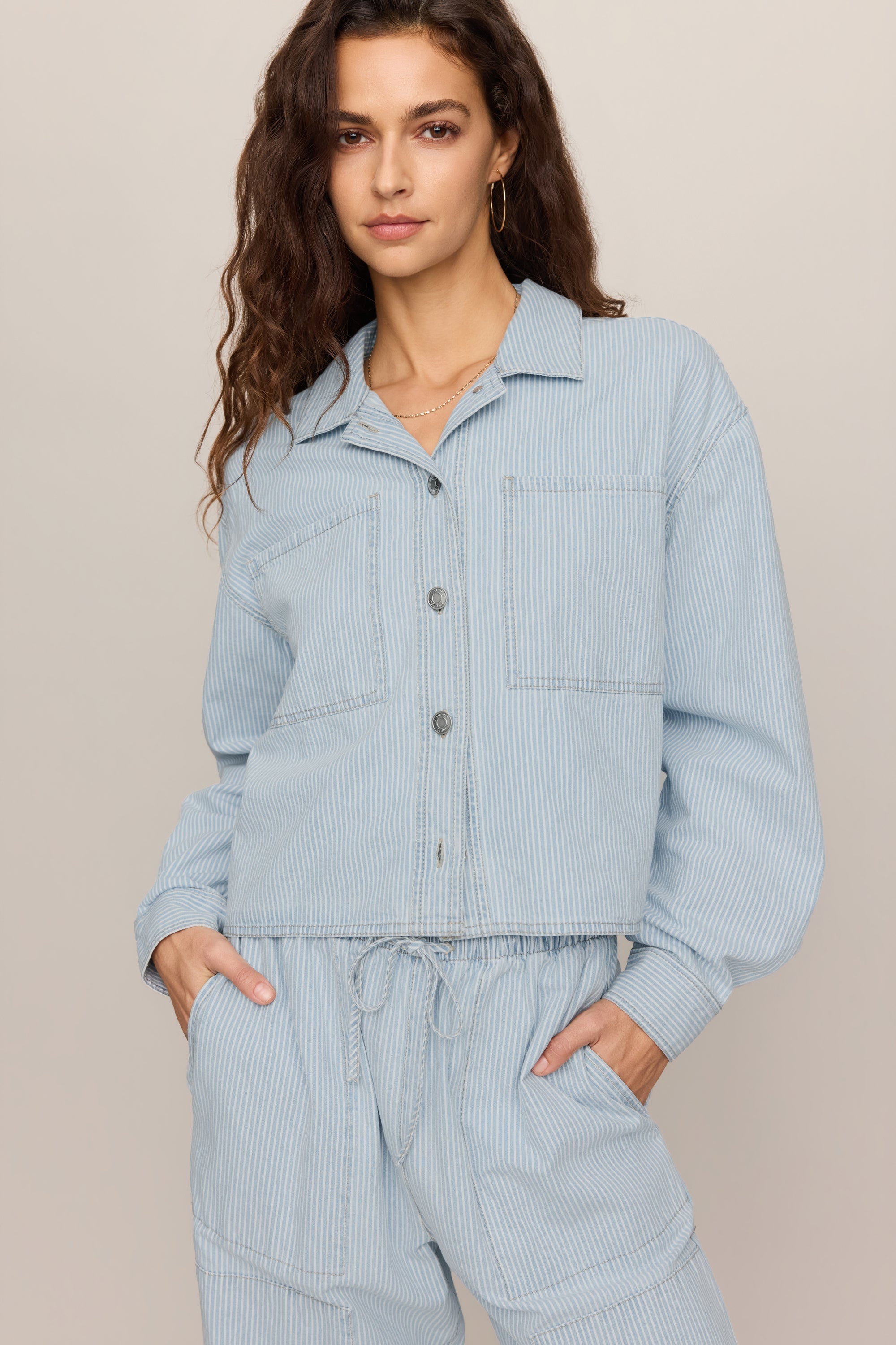 Erin Soft Denim Railroad Jacket in Seaboard Stripe, cuff detail