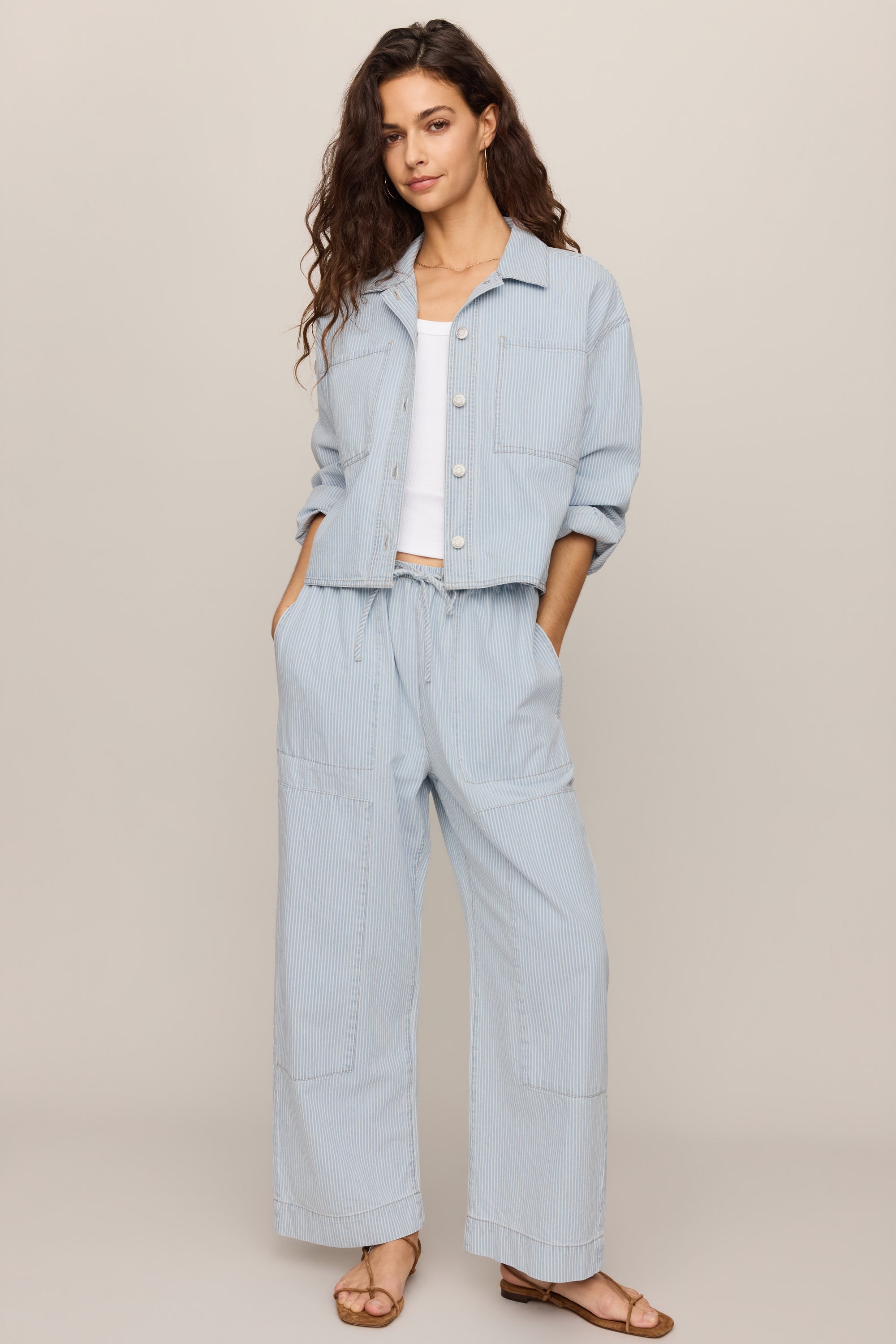 Erin Soft Denim Railroad Jacket in Seaboard Stripe, front and back