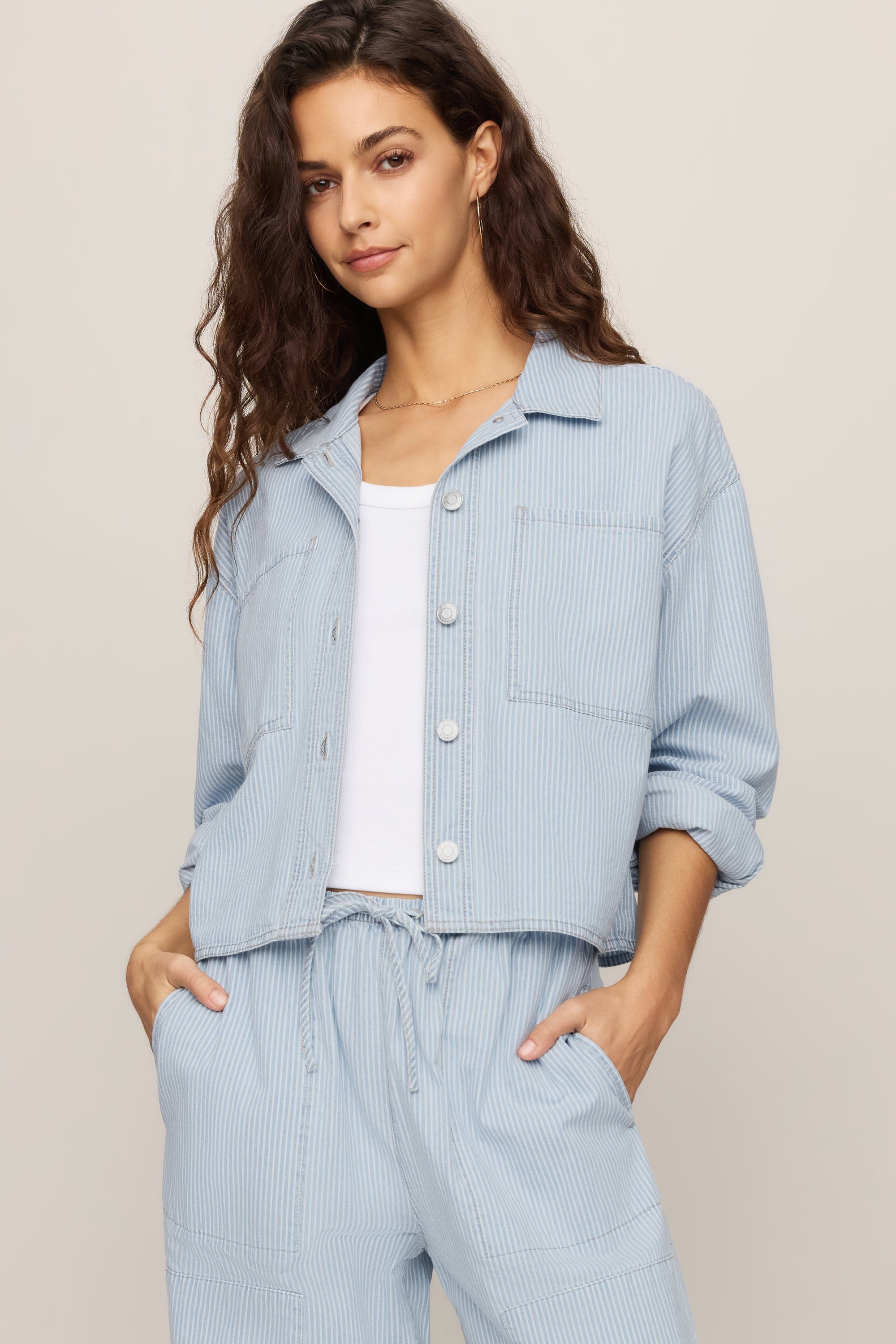 Erin Soft Denim Railroad Jacket in Seaboard Stripe, front