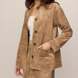 Perri Suede Mini Skirt in Light Sand, faux suede detail