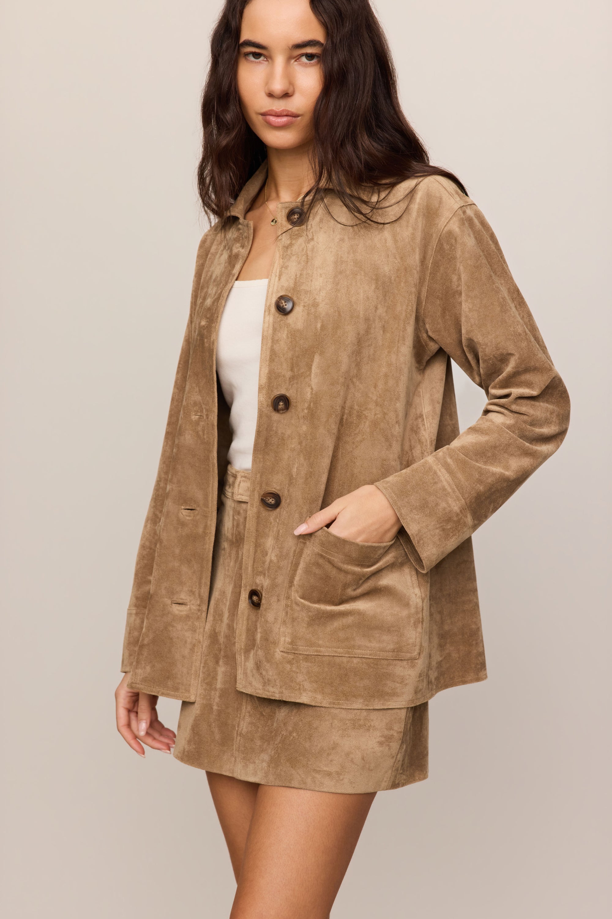 Perri Suede Mini Skirt in Light Sand, faux suede detail