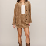 Perri Suede Mini Skirt in Light Sand, front and back