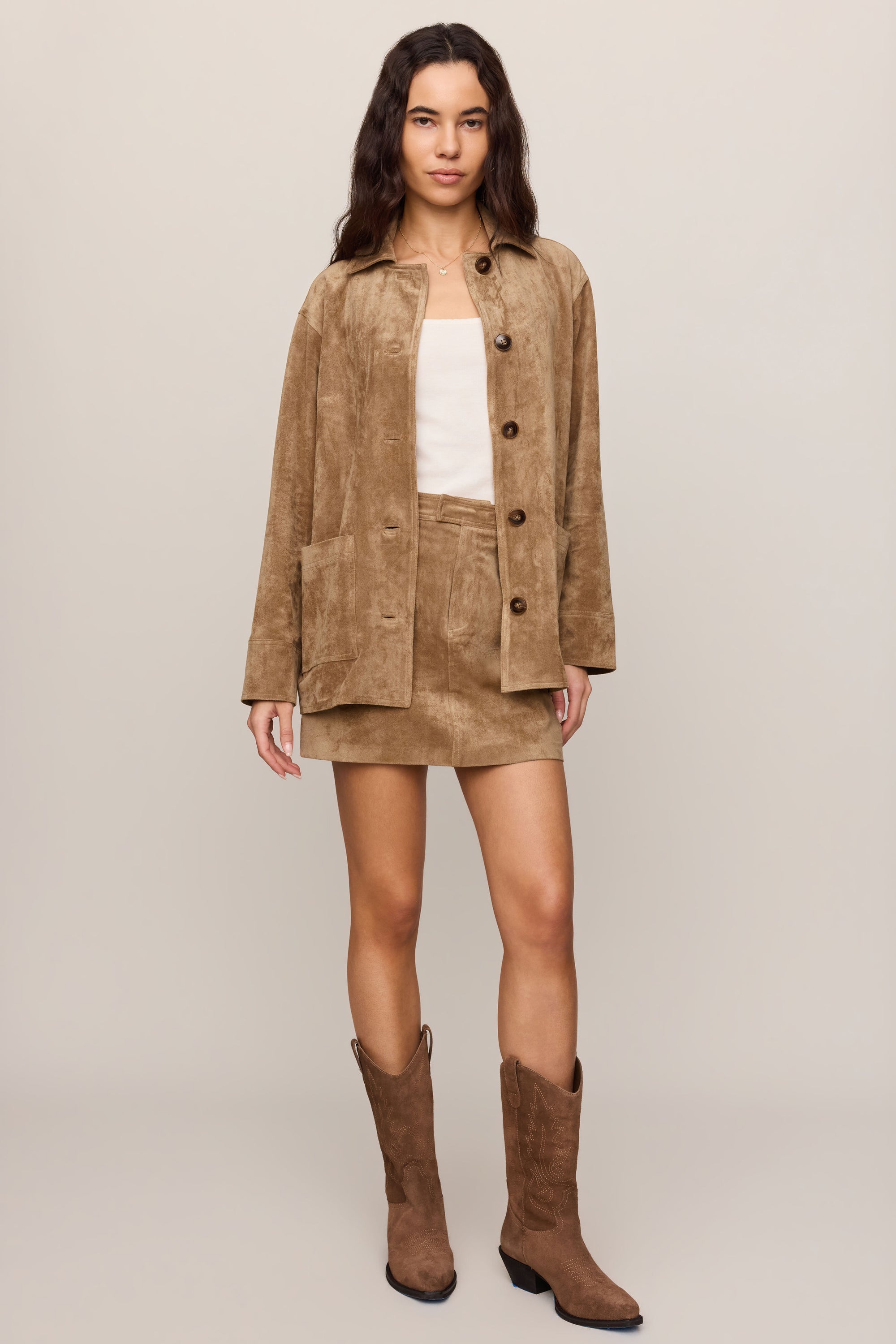 Perri Suede Mini Skirt in Light Sand, front and back
