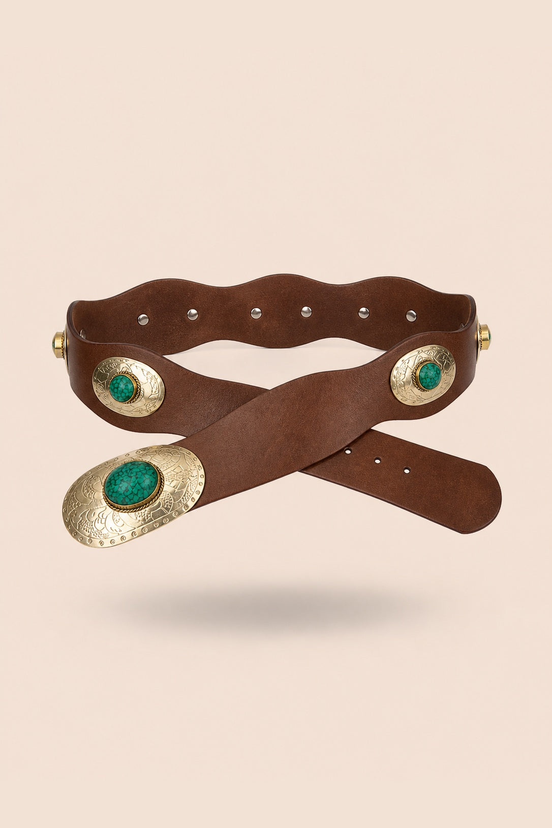 Z&L Europe Arizona Belt in dark brown leather with engraved gold tone plates and turquoise stones