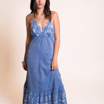 Z&L Europe Serena Maxi Dress in blue embroidered cotton, full length front view with sandals