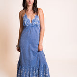 Z&L Europe Serena Maxi Dress in blue embroidered cotton, full length front view with sandals