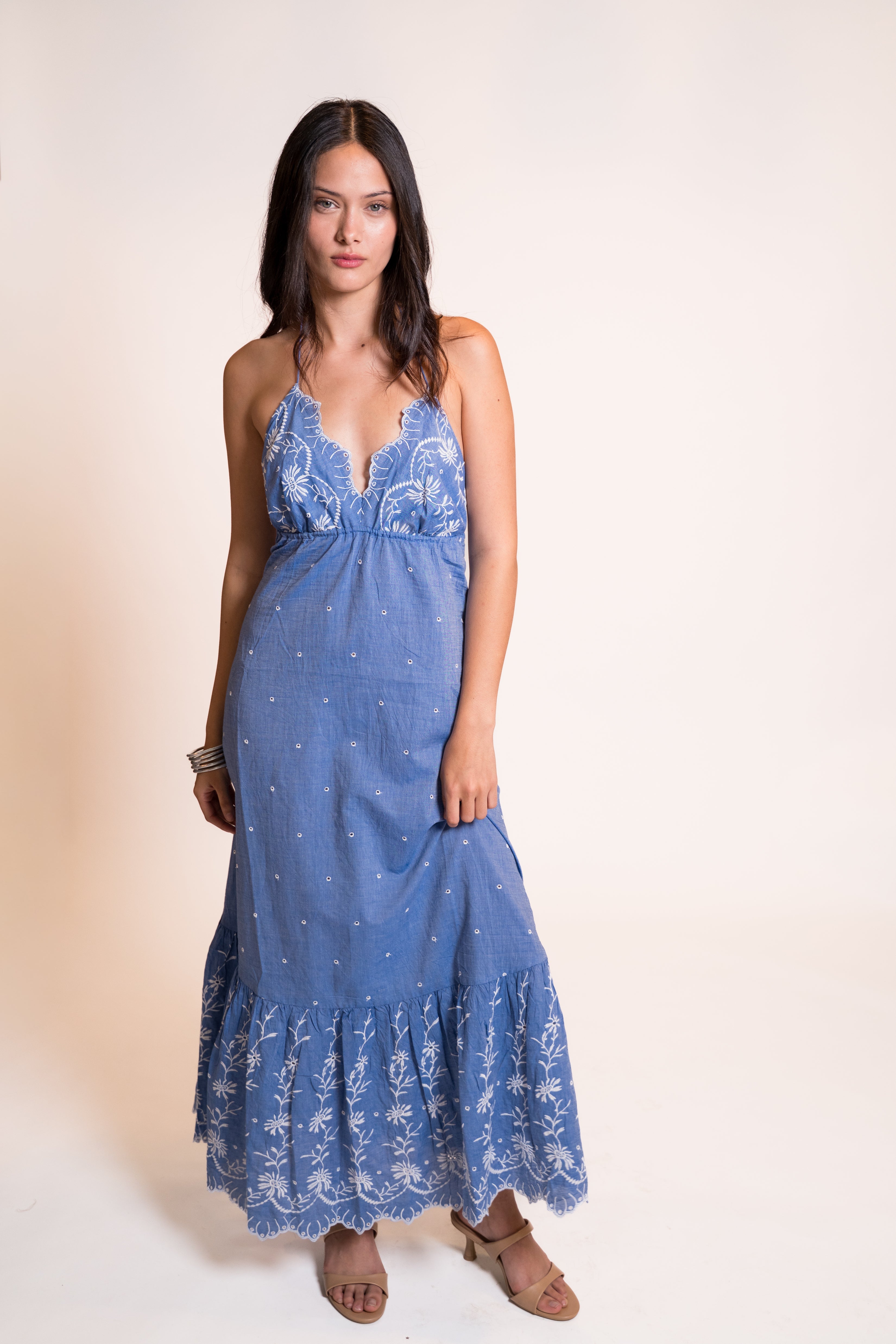 Z&L Europe Serena Maxi Dress in blue embroidered cotton, full length front view with sandals