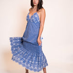 Z&L Europe Serena Maxi Dress in blue embroidered cotton, side view showing the tiered hem