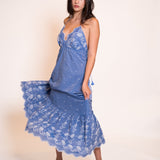 Z&L Europe Serena Maxi Dress in blue embroidered cotton, side view showing the tiered hem