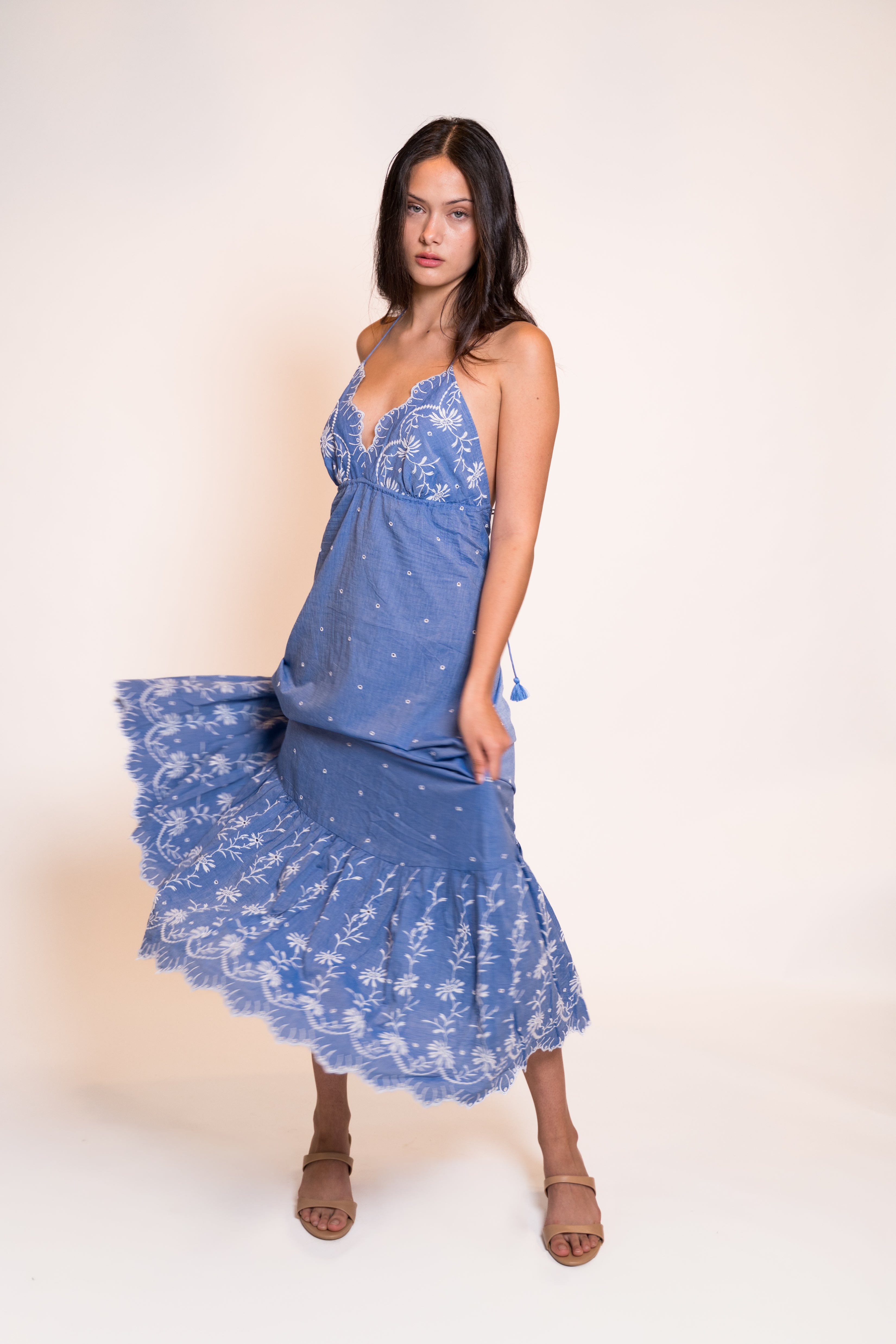 Z&L Europe Serena Maxi Dress in blue embroidered cotton, side view showing the tiered hem