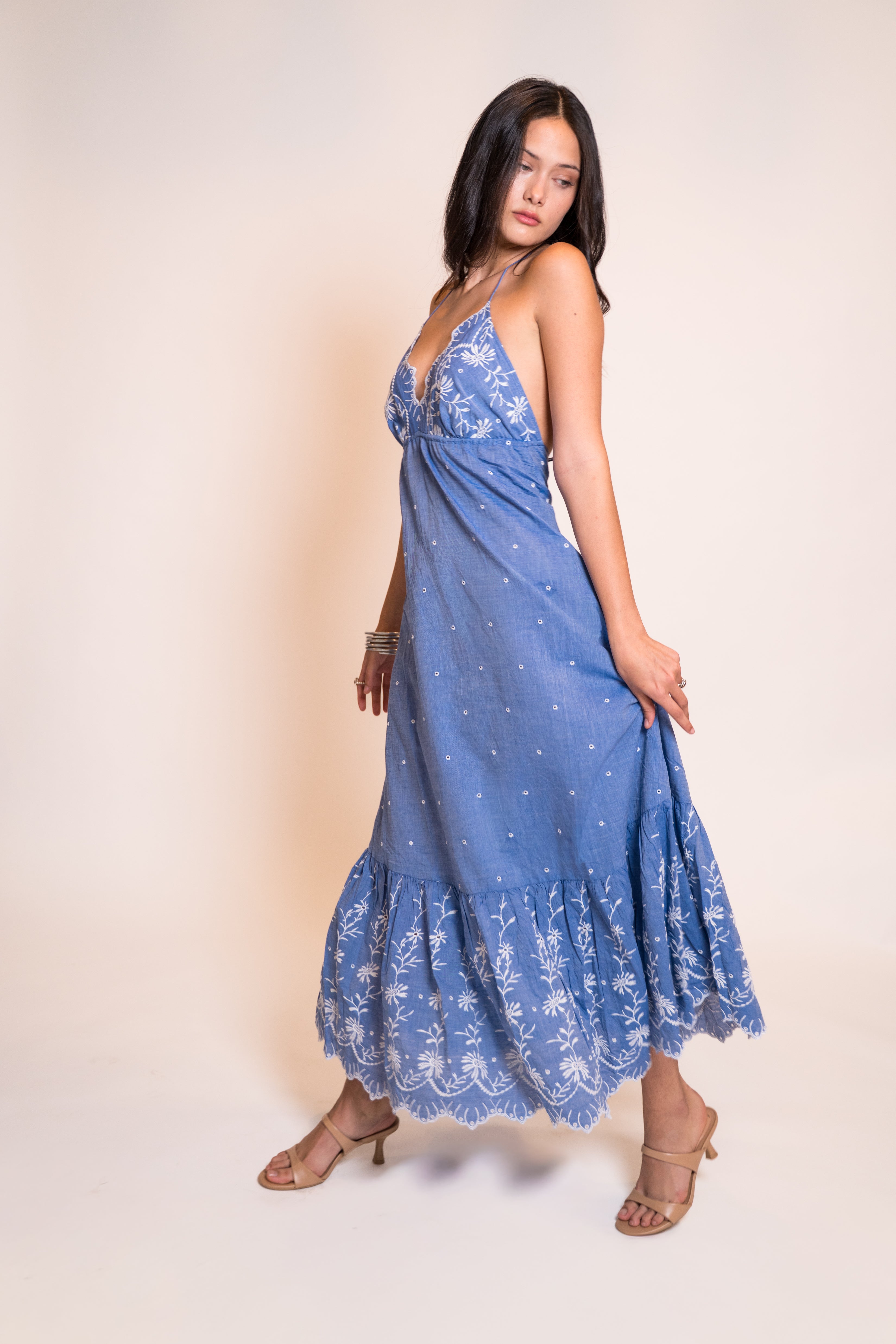 Z&L Europe Serena Maxi Dress in blue embroidered cotton, full length front view