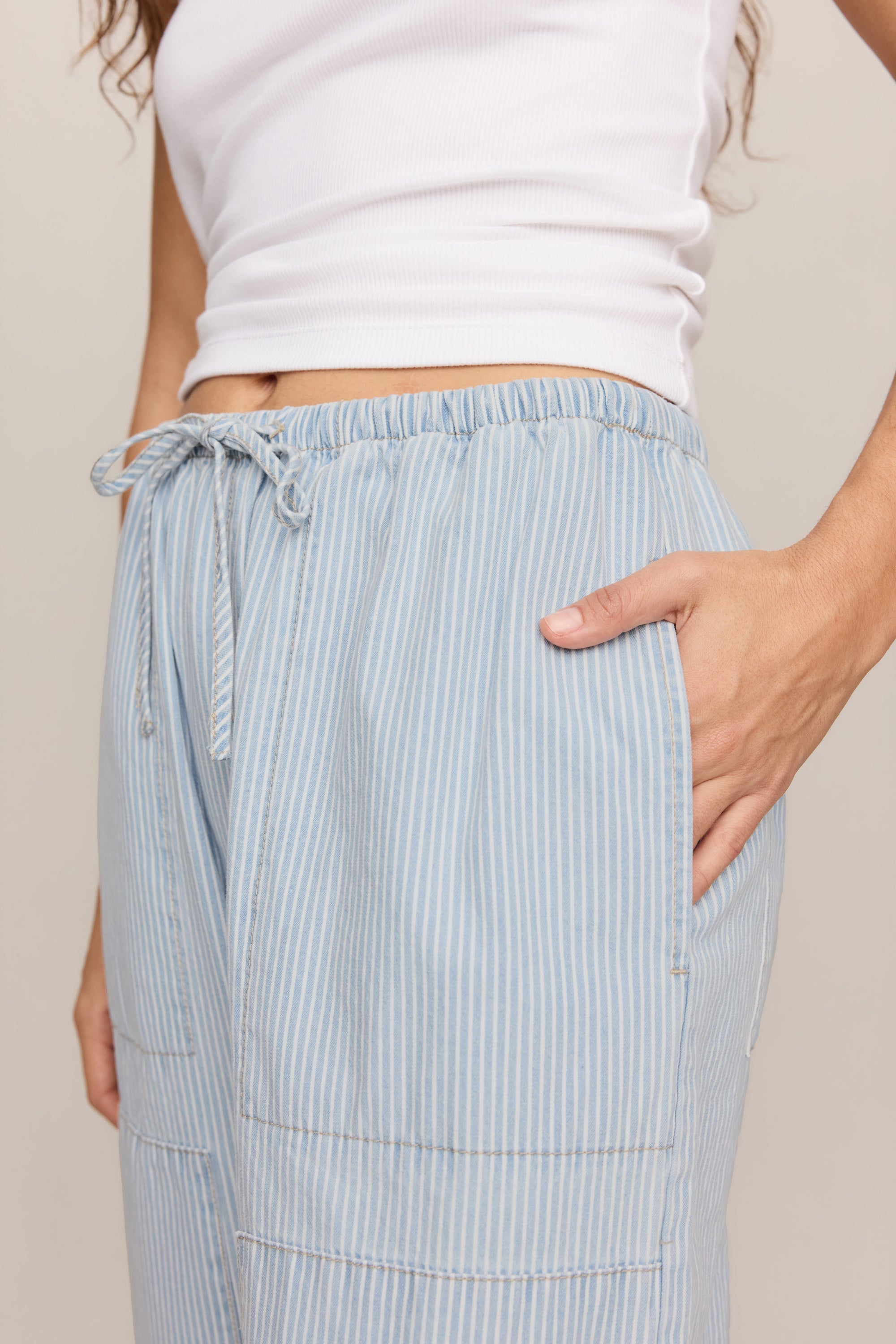 Soft Denim Carpenter Pant in Seaboard Stripe, tie front waist detail