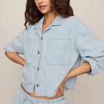 Soft Denim Carpenter Pant in Seaboard Stripe, topstitching detail