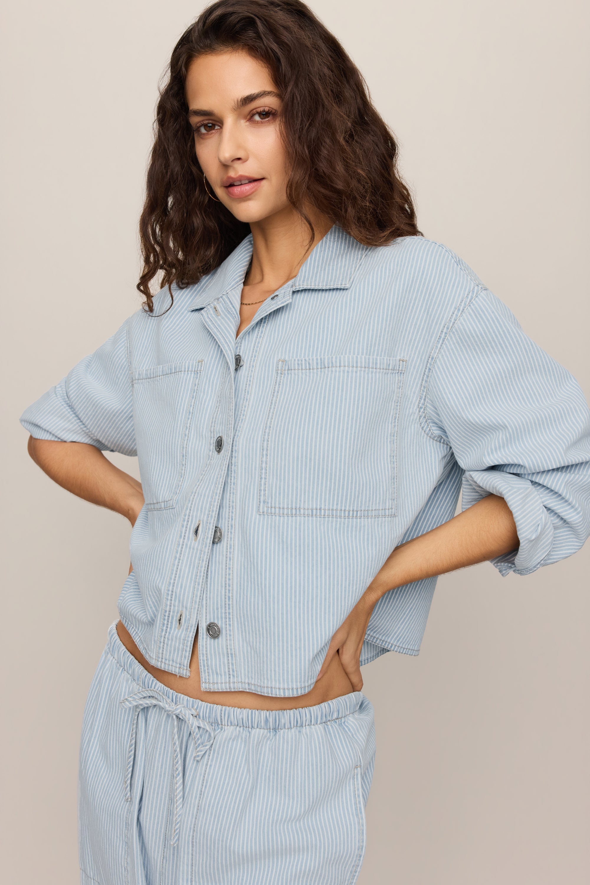 Soft Denim Carpenter Pant in Seaboard Stripe, topstitching detail