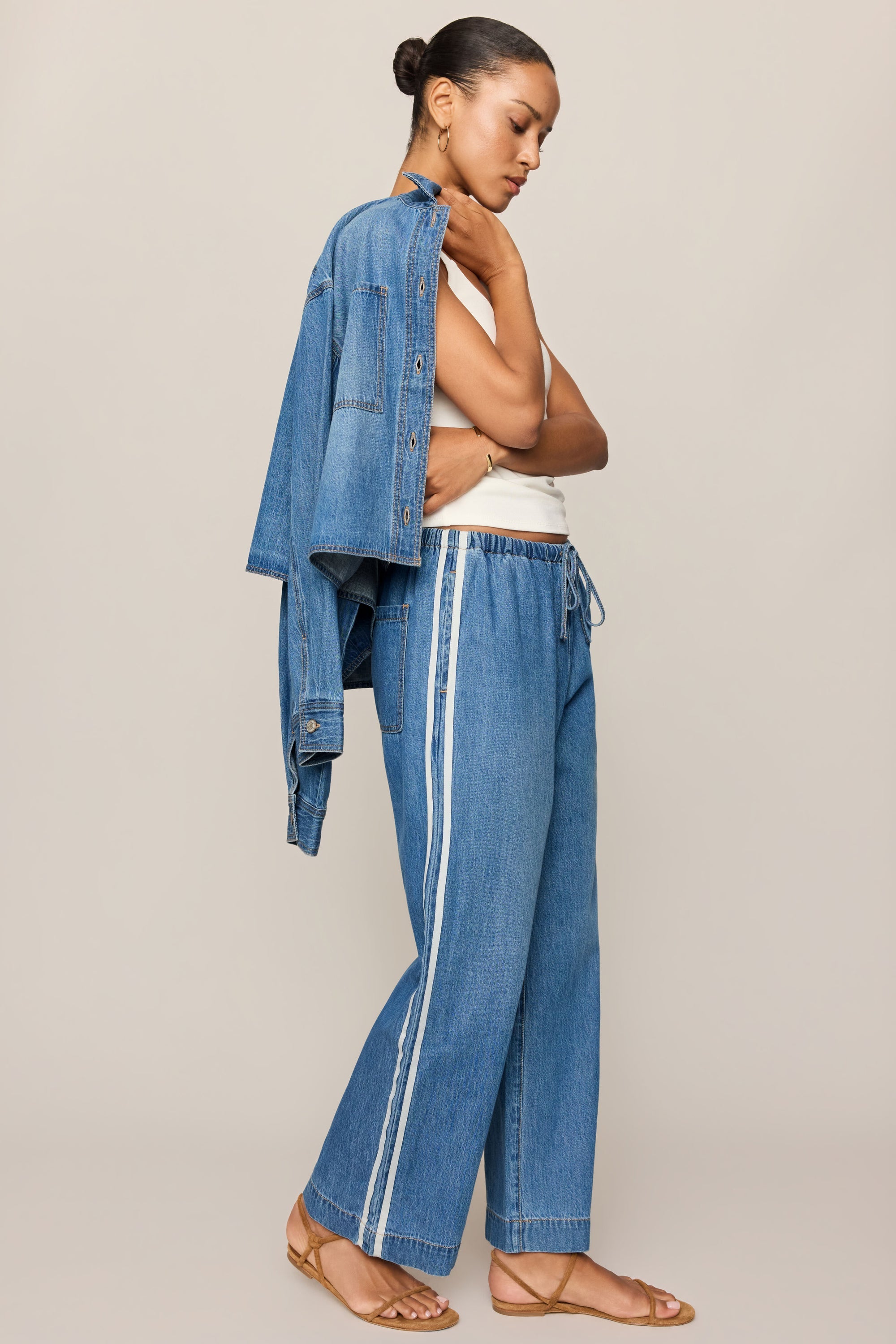 The Sidelines Denim Track Pant in Dreamstate, waistband detail