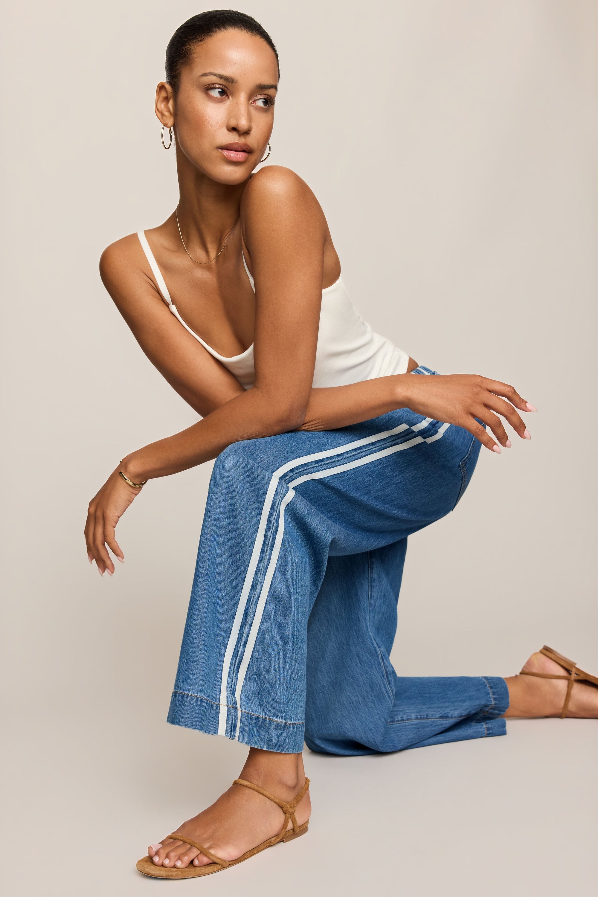 The Sidelines Denim Track Pant in Dreamstate, side seam detail