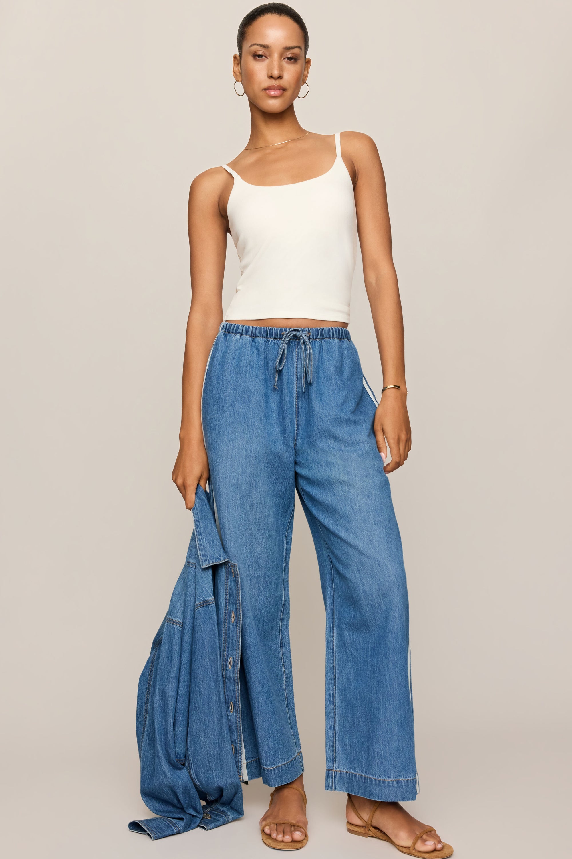 The Sidelines Denim Track Pant in Dreamstate, front and back