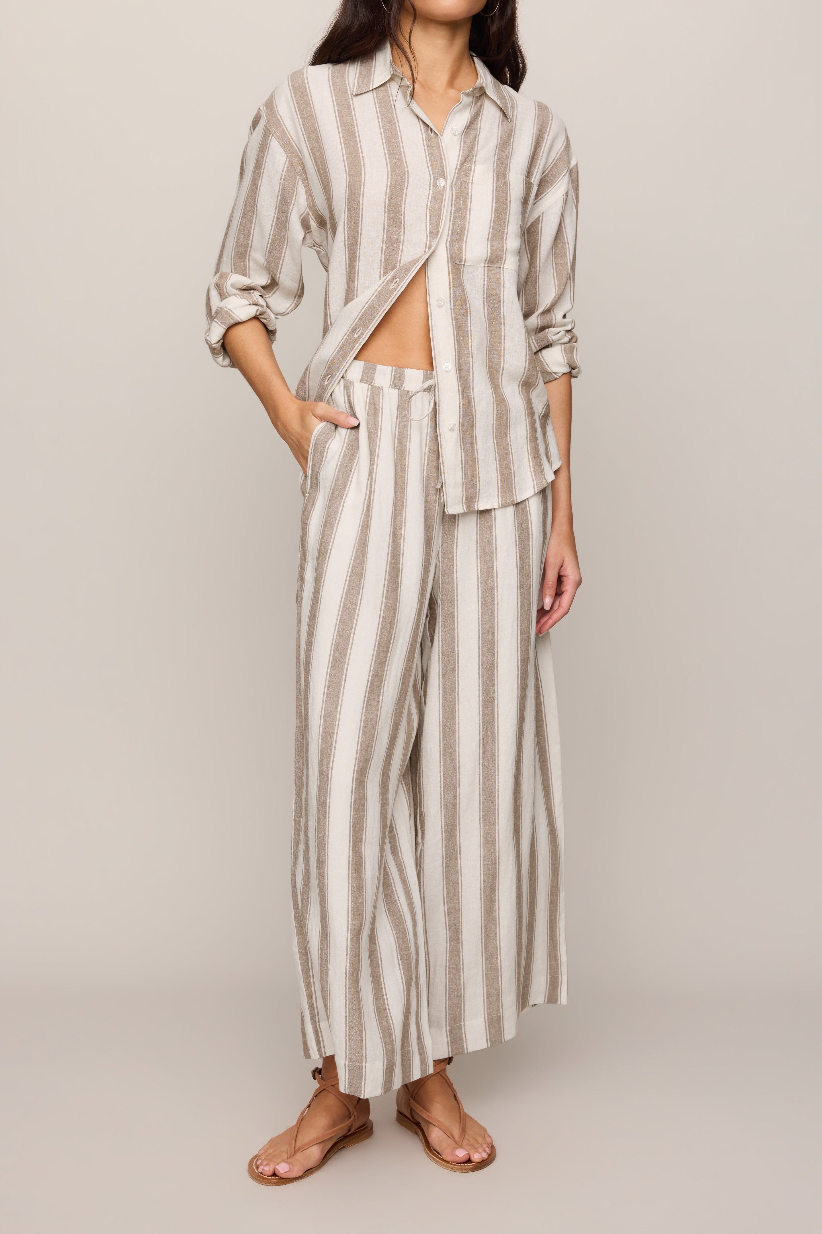 Perfect Striped Linen Button Up in Light Toffee - full look