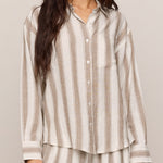 Perfect Striped Linen Button Up in Light Toffee - front