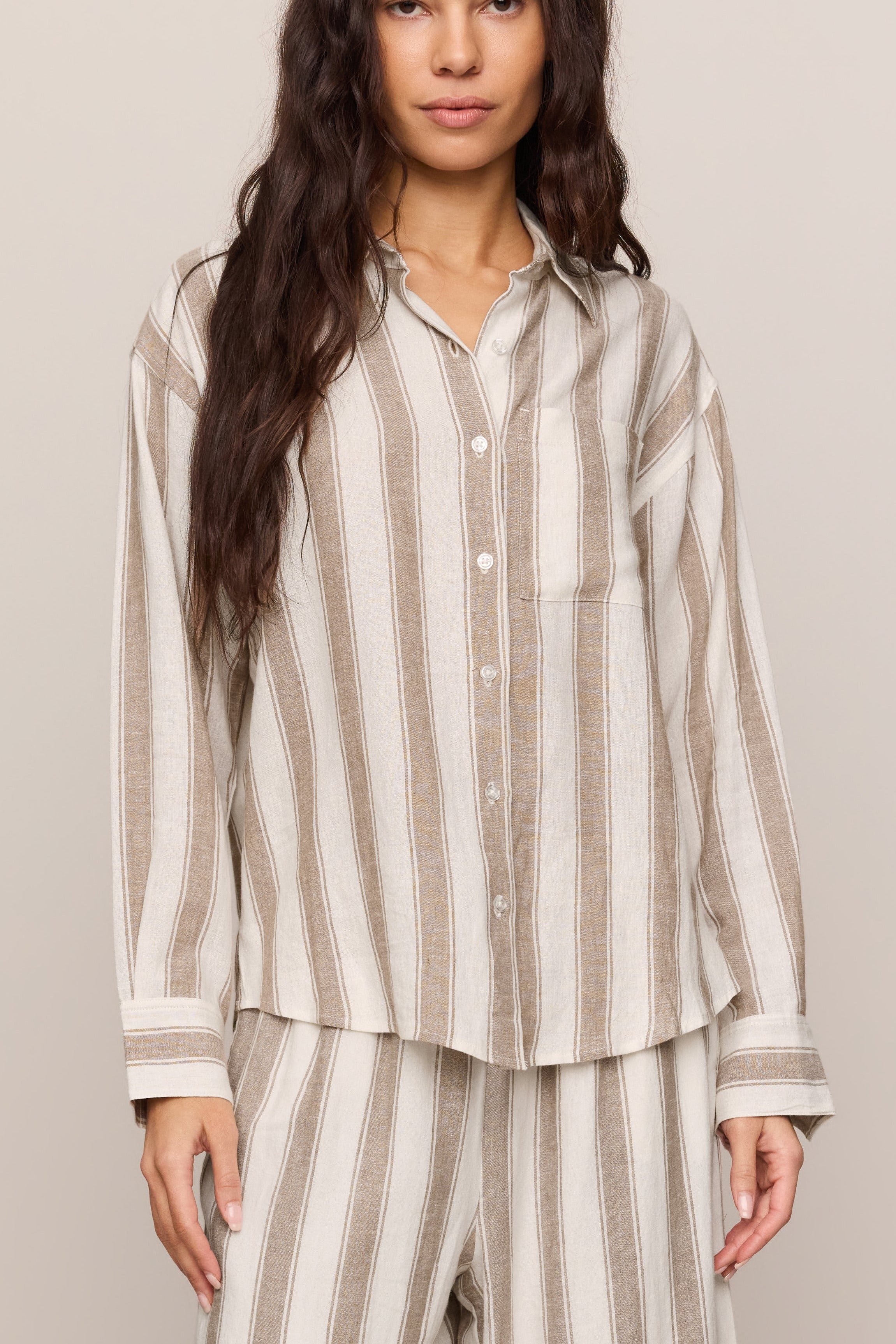 Perfect Striped Linen Button Up in Light Toffee - front