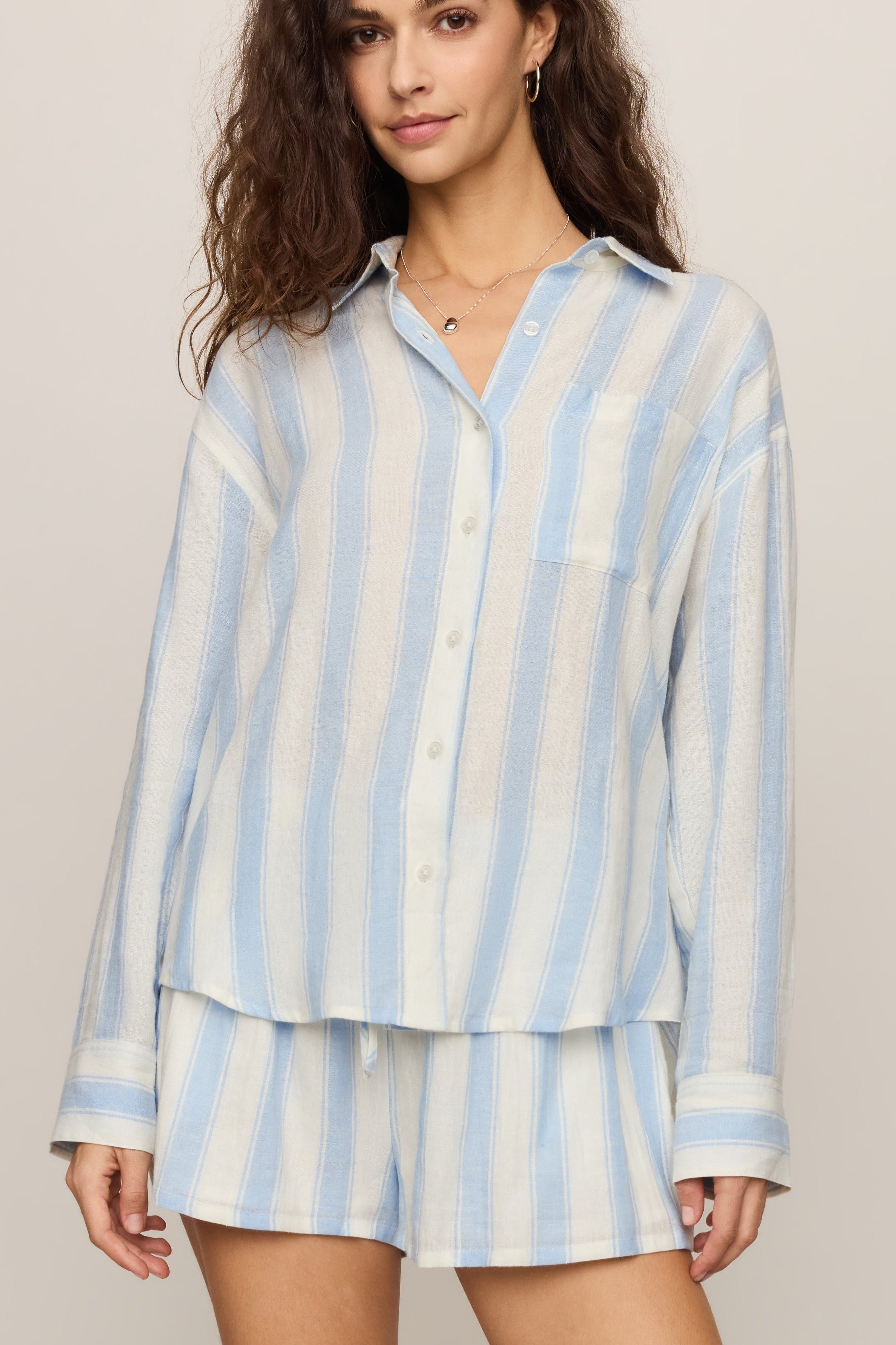 Perfect Striped Linen Button Up in Skyline - front