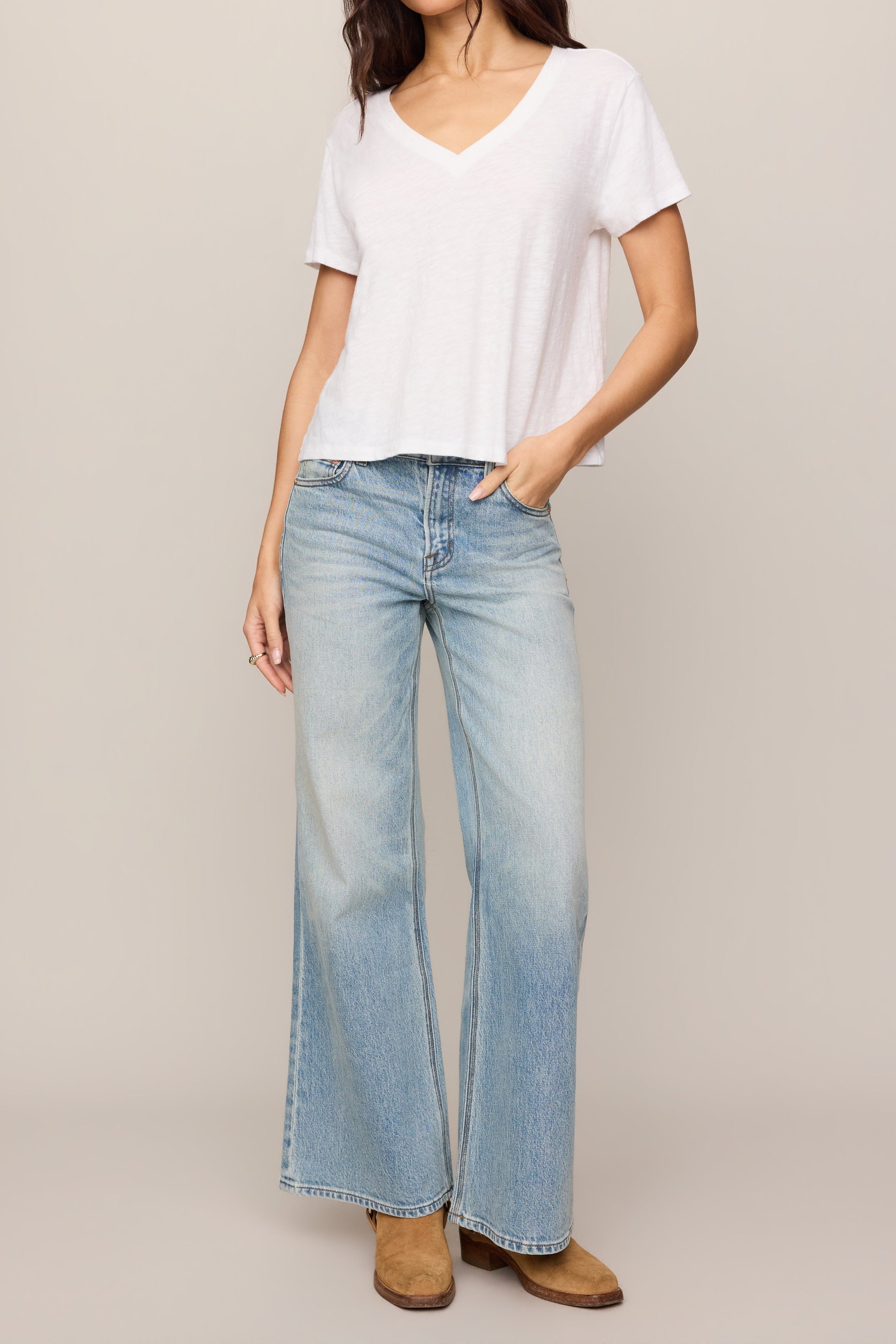 Nomad Slub V-Neck Tee in White - full look