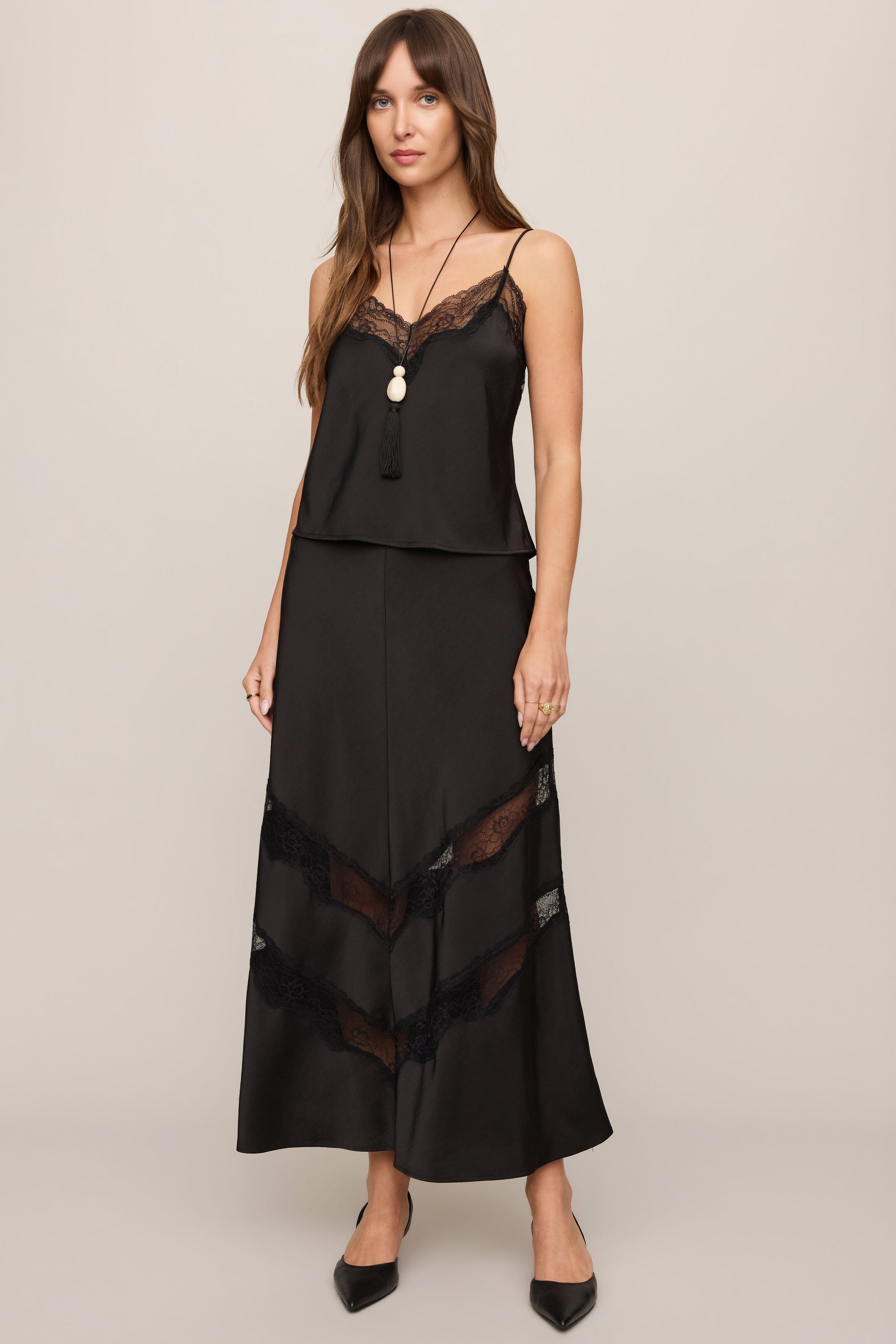 Kori Lace Trim Cami in Black, front and back