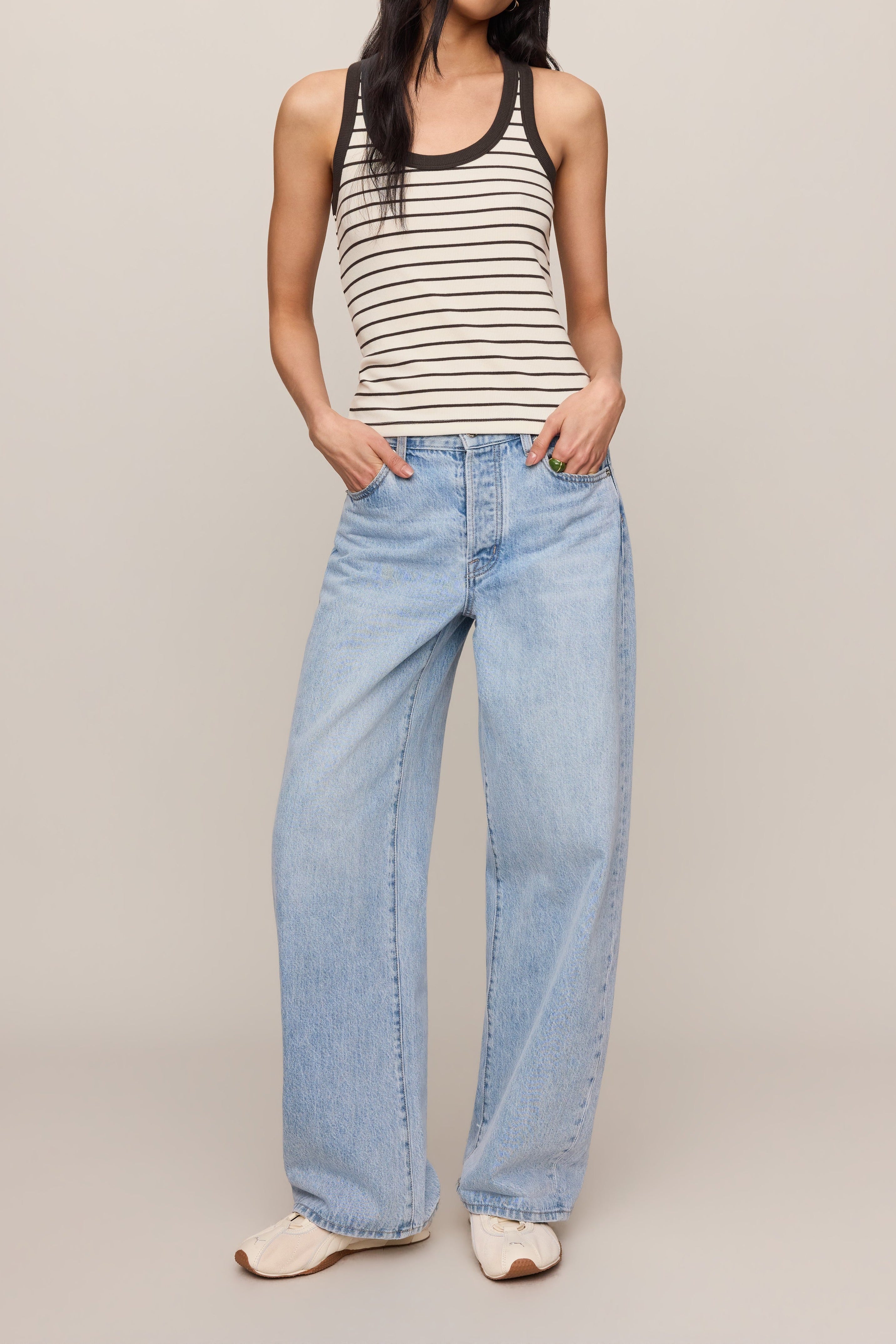 Rowe Striped Scoop Tank in Cloud - full look