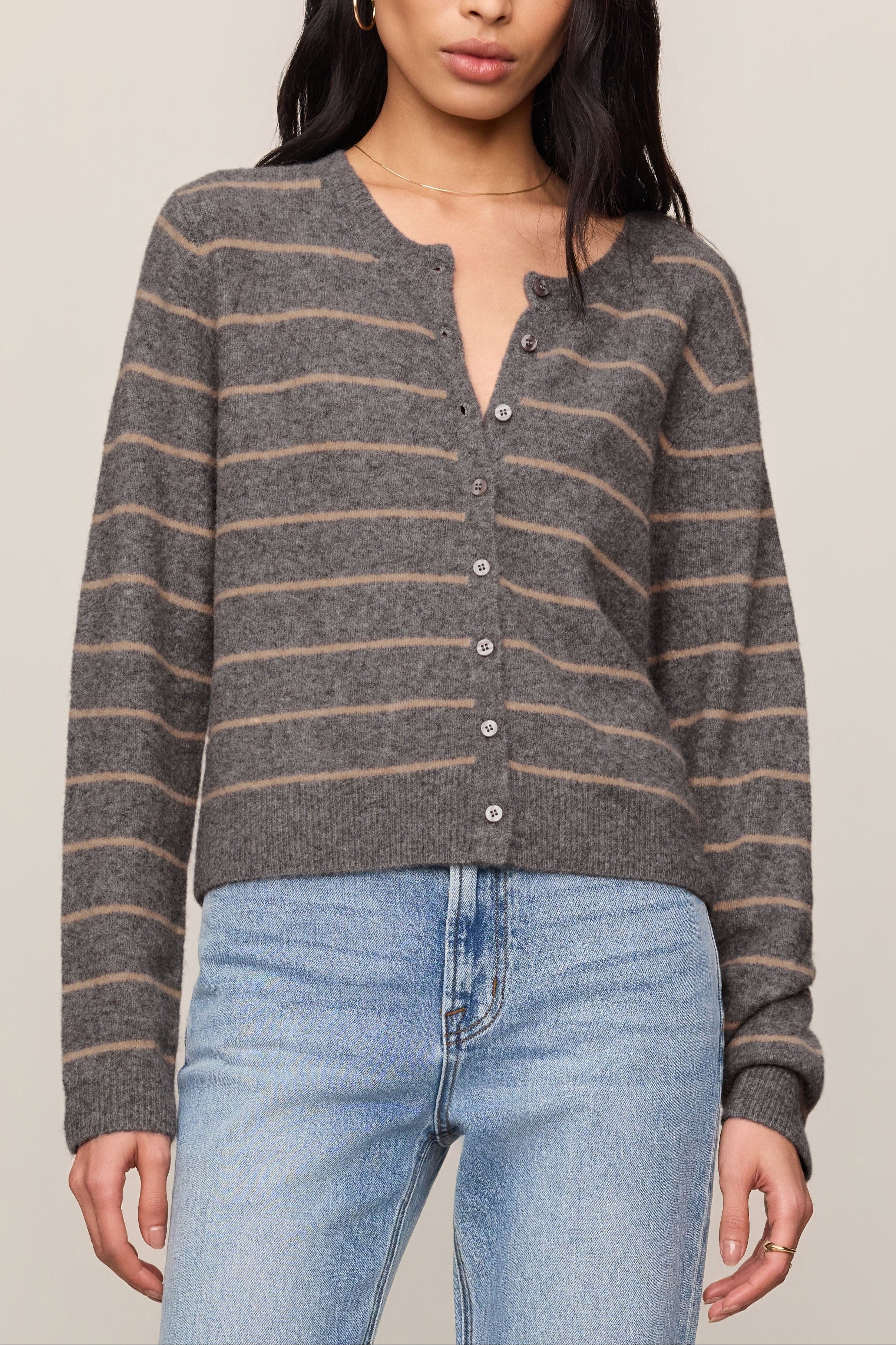 Z Supply Medina Cozy Stripe Cardigan in Charcoal Heather - front