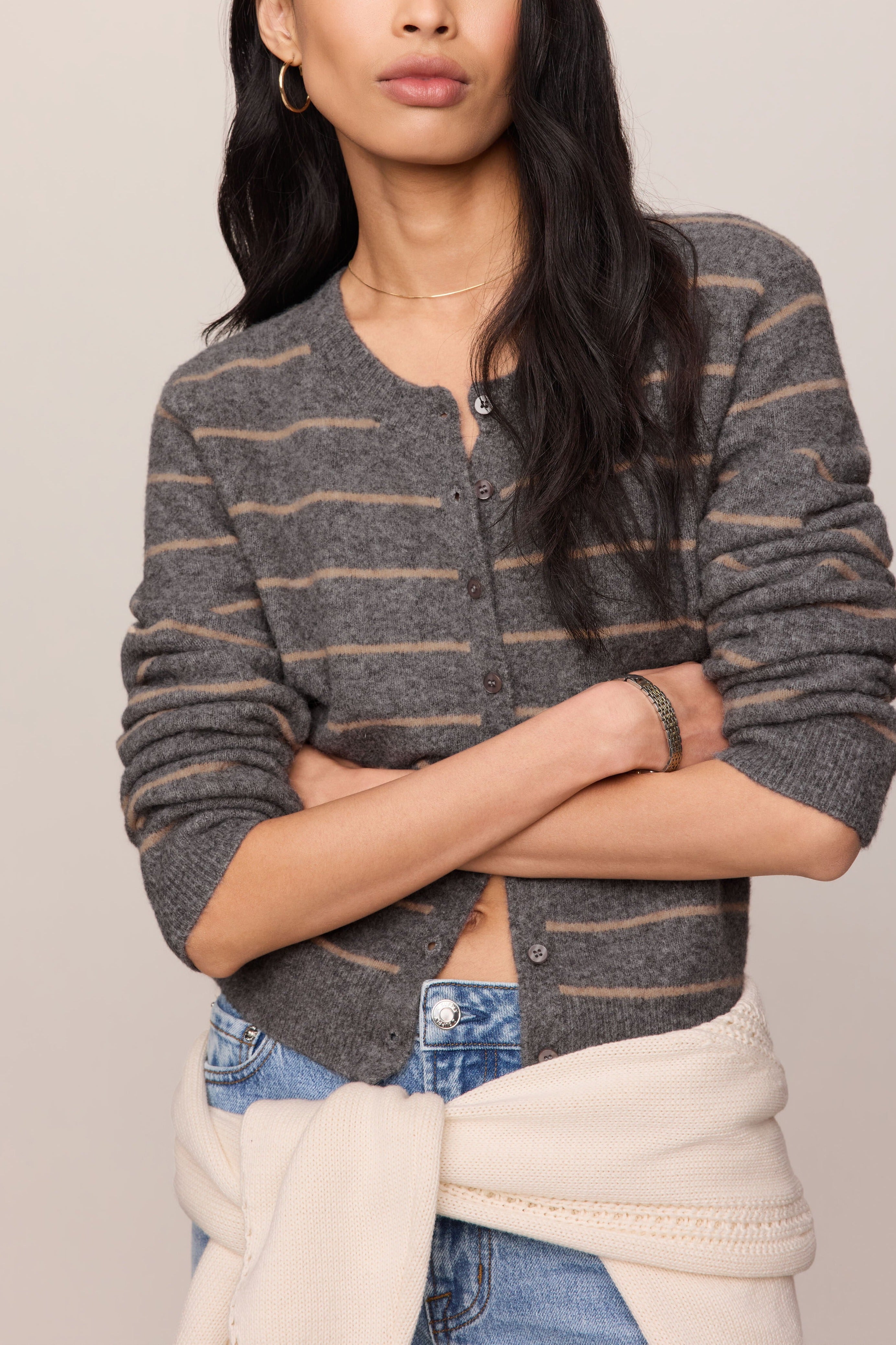 Z Supply Medina Cozy Stripe Cardigan in Charcoal Heather - detail