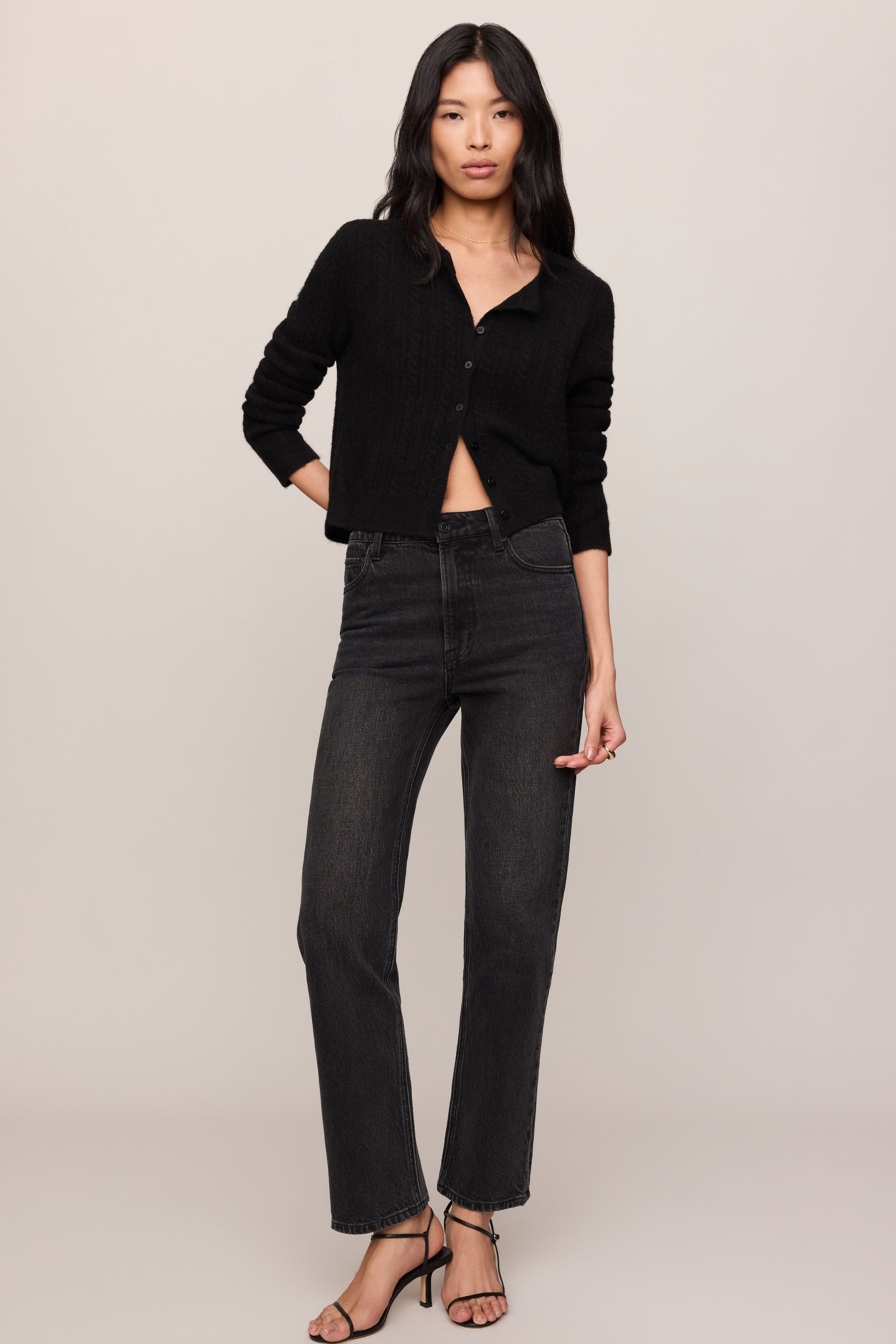 Medina Cable Cardigan in Black, front and back