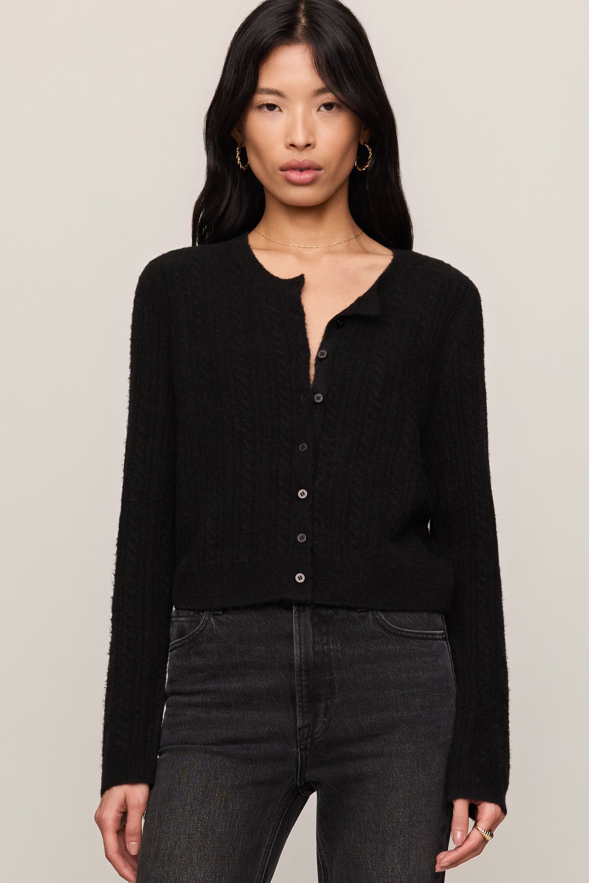 Medina Cable Cardigan in Black, front