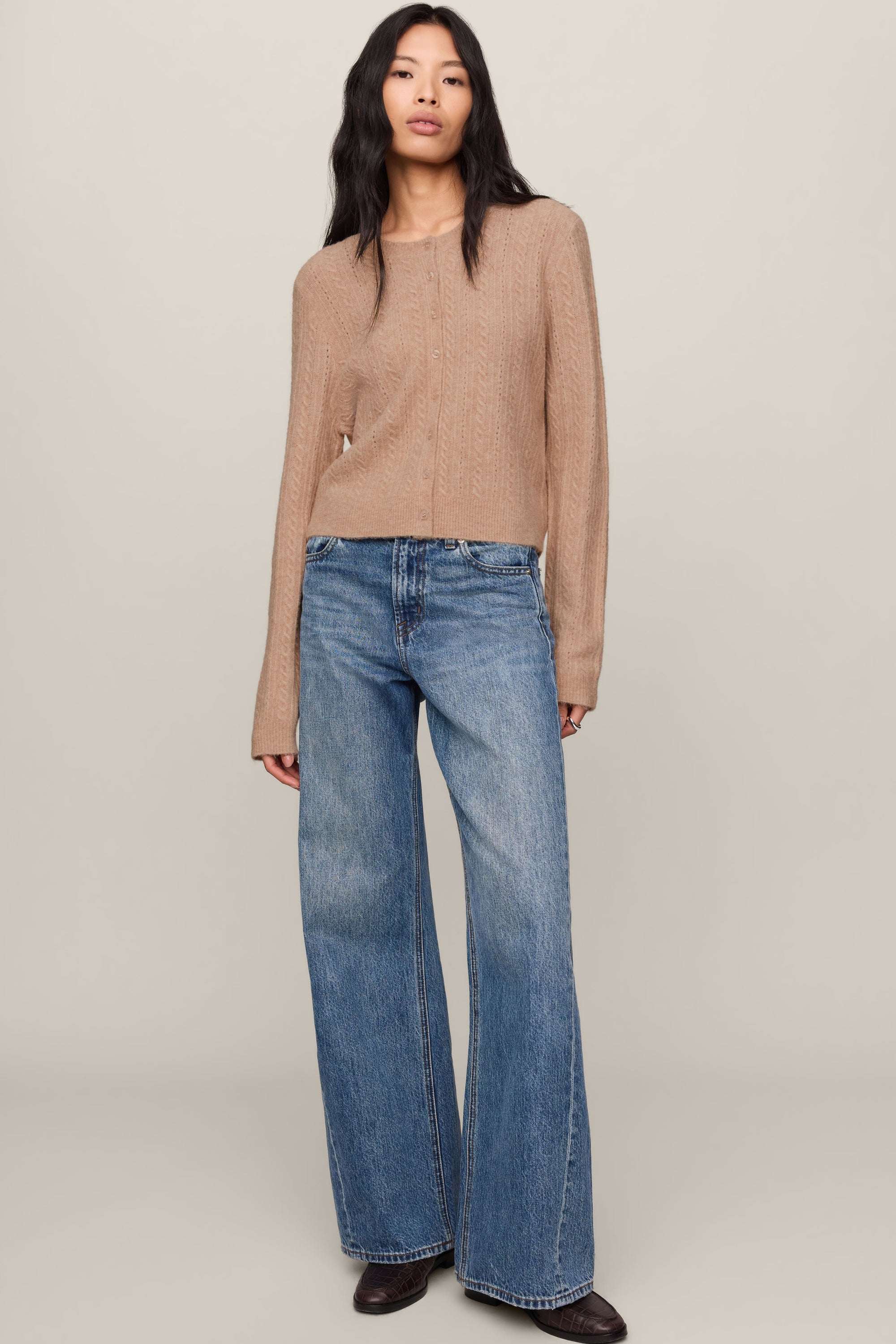 Medina Cable Cardigan in Macaroon, front and back