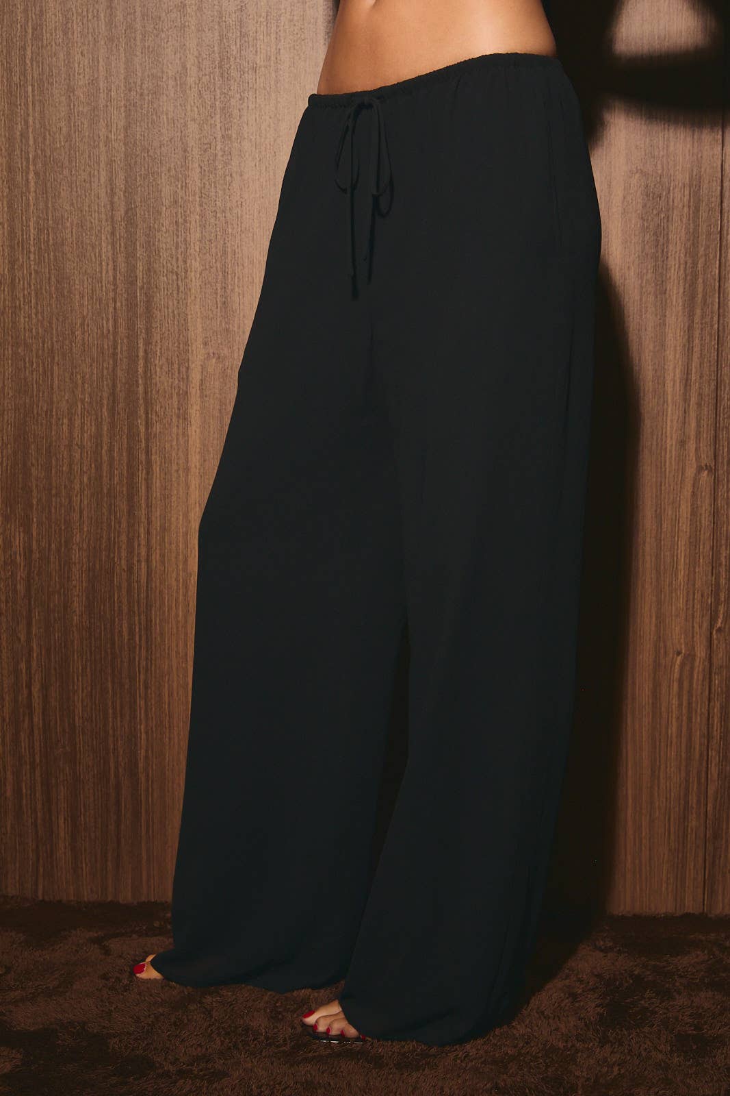 Coastal Wide Leg Chiffon Pants in Black, full length