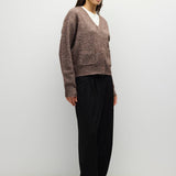 BROWN 3 fuzzy knit cardigan in brown, side view