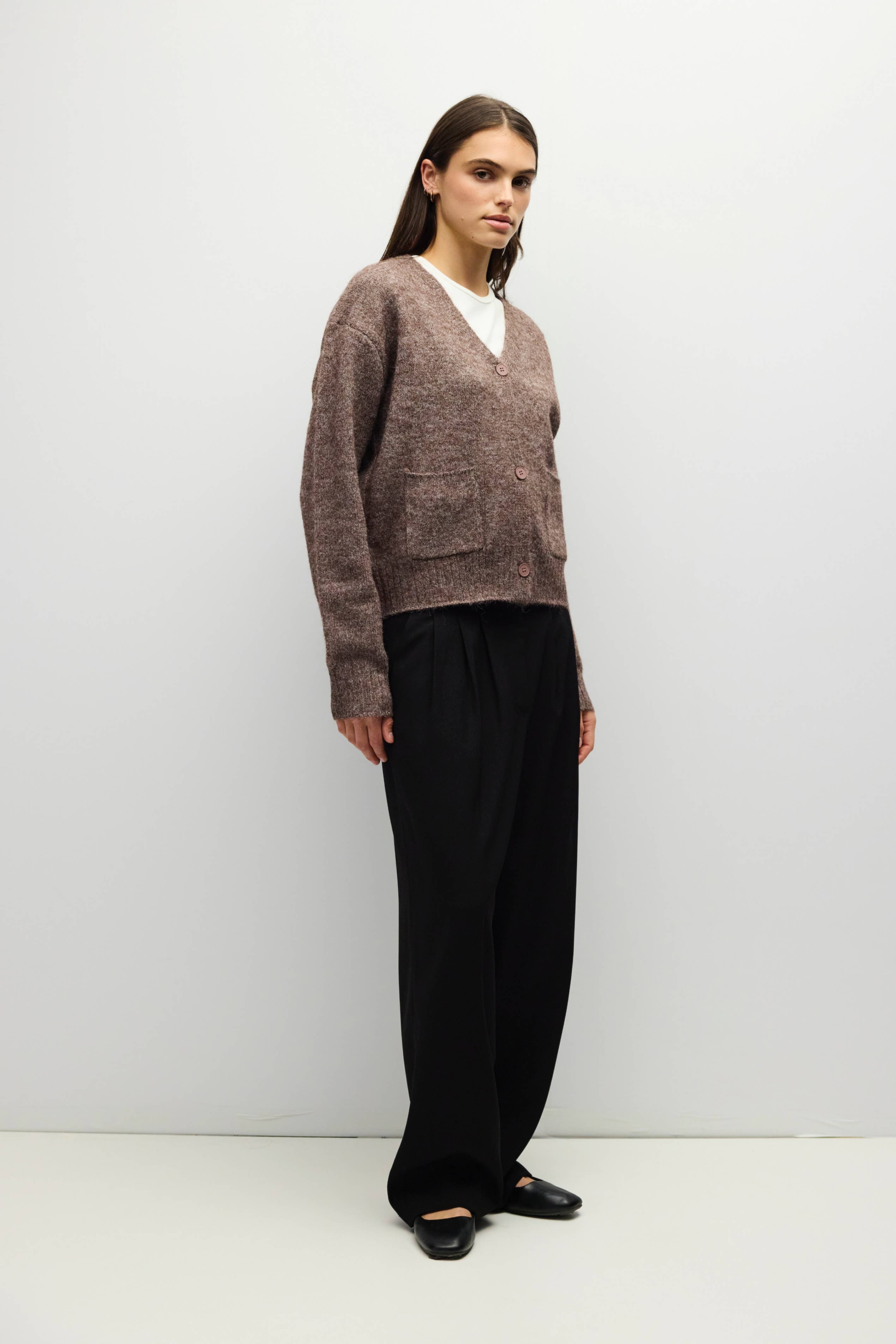 BROWN 3 fuzzy knit cardigan in brown, side view