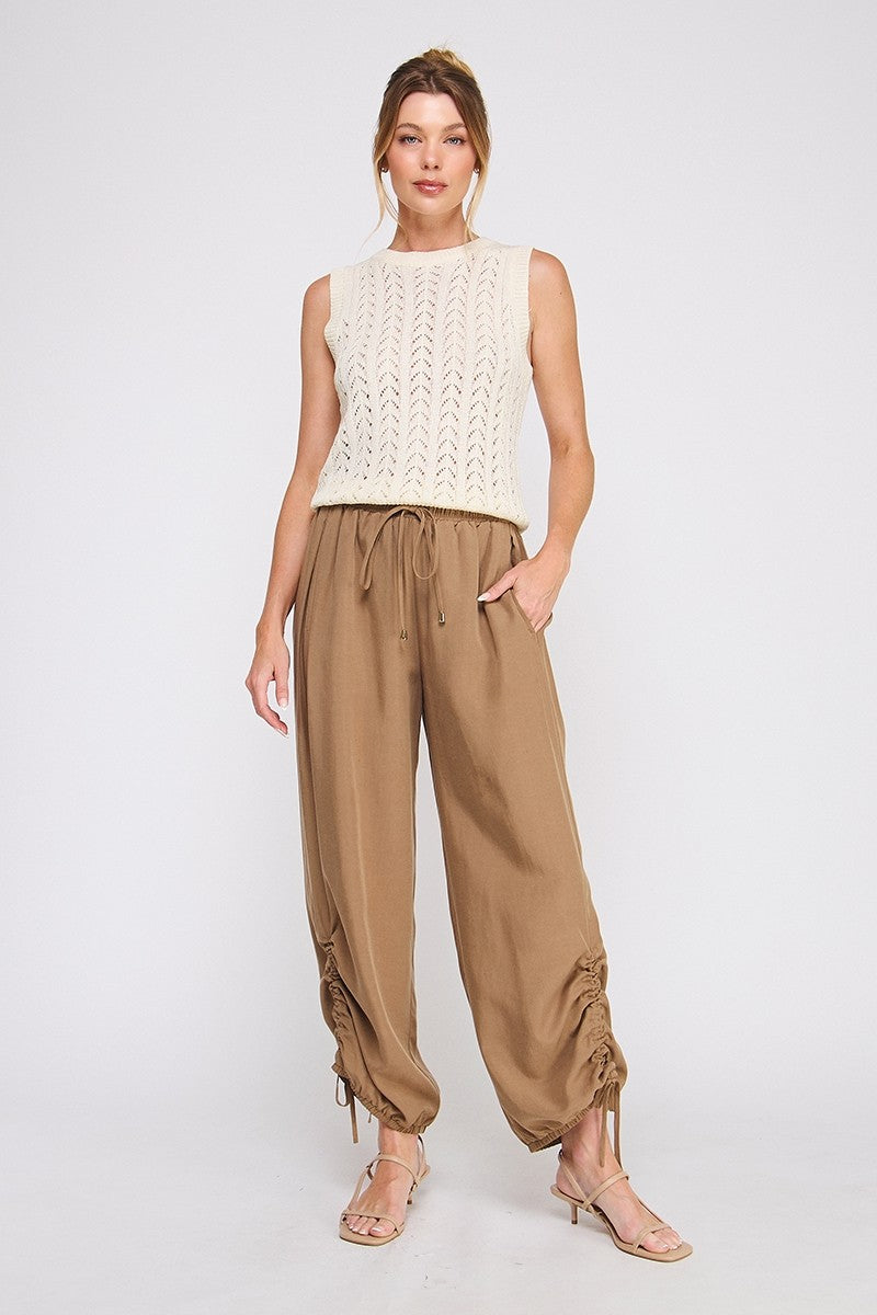 Marlow Drapey Twill High-Waist Jogger mocha scrunch leg detail