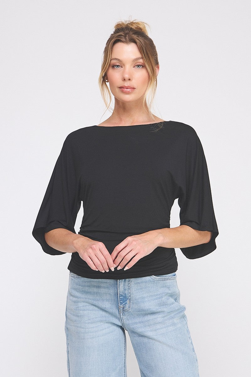 Isla Double Knit Angel Sleeve Cinch Top black front