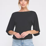 Isla Double Knit Angel Sleeve Cinch Top black front