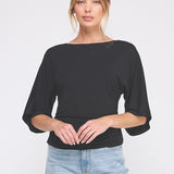 Isla Double Knit Angel Sleeve Cinch Top black front