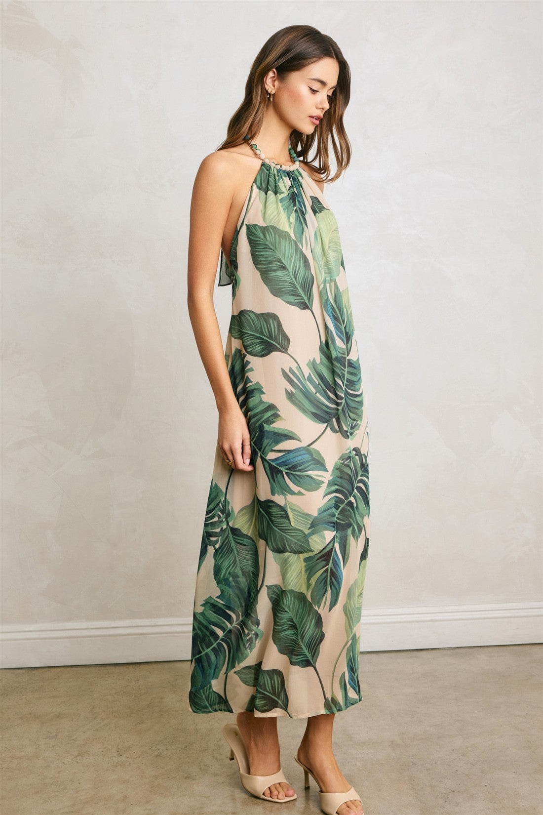 Vesper Beaded Halter Dress in Resort Palm, side