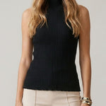Black sleeveless turtleneck knit top, front view