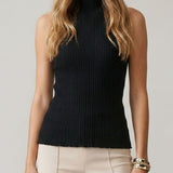 Black sleeveless turtleneck knit top, front view