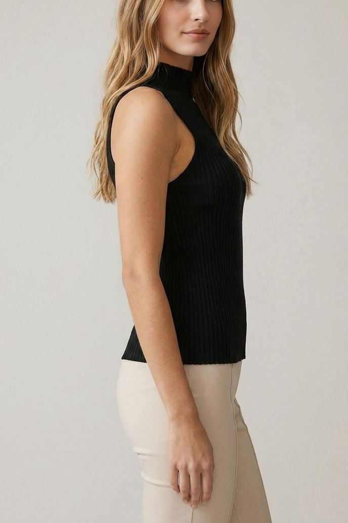 Black sleeveless turtleneck knit top, side view